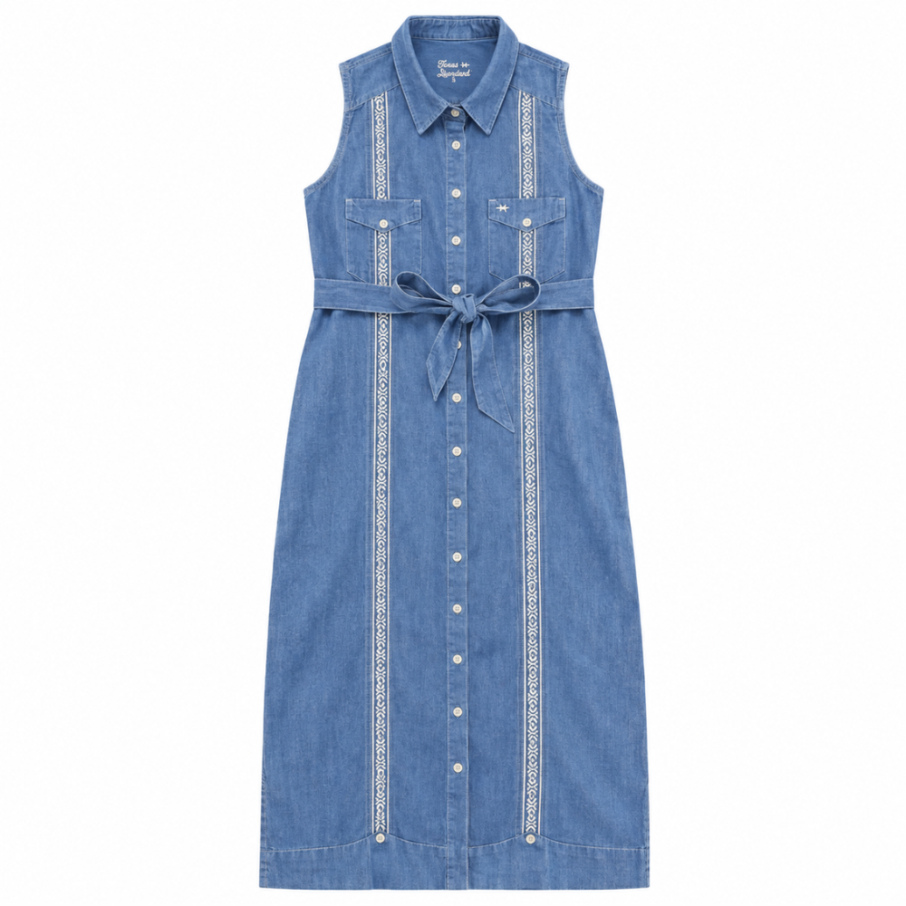 Tejas Guayabera Dress Midi Length - Chambray