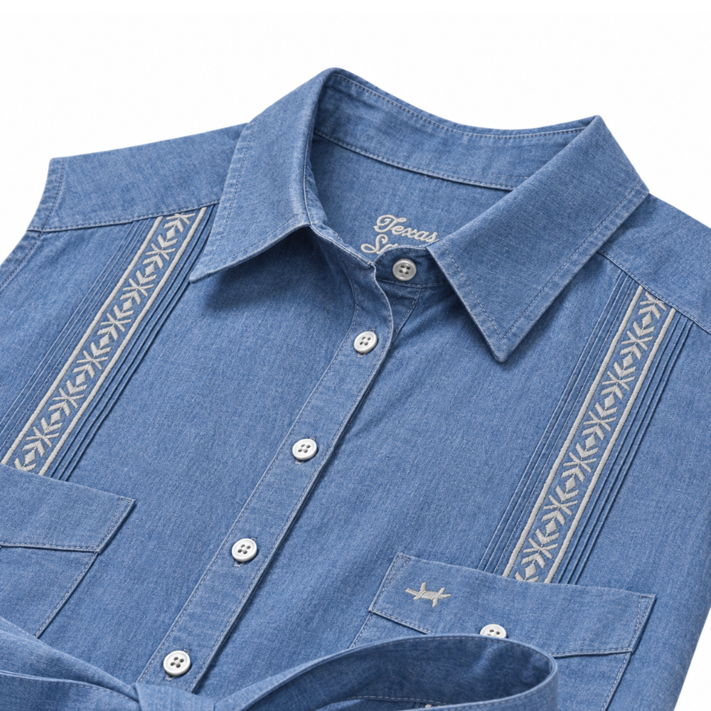 Tejas Guayabera Dress Midi Length - Chambray