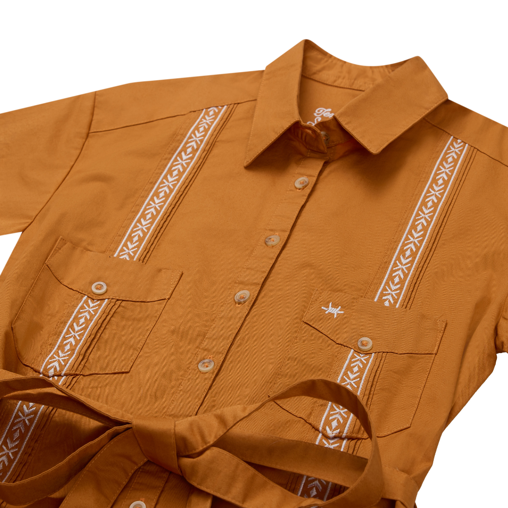 Tejas Guayabera Dress - Burnt Orange