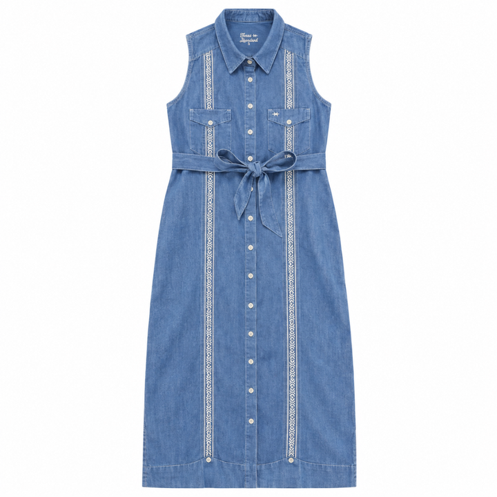 Tejas Guayabera Dress Midi Length - Chambray