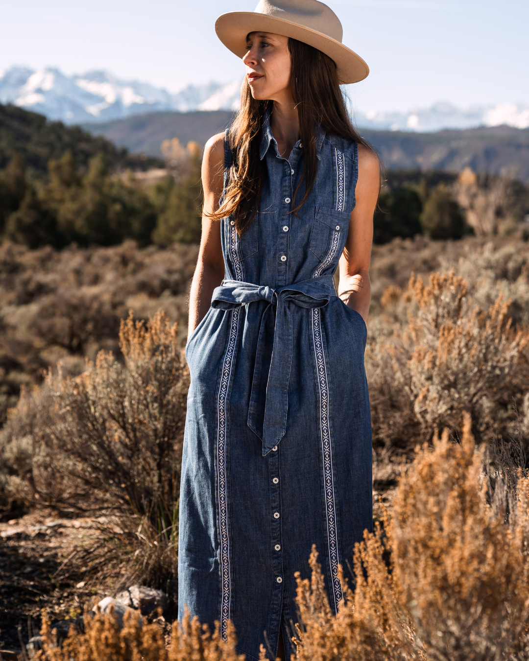 Tejas Guayabera Dress Midi Length - Chambray