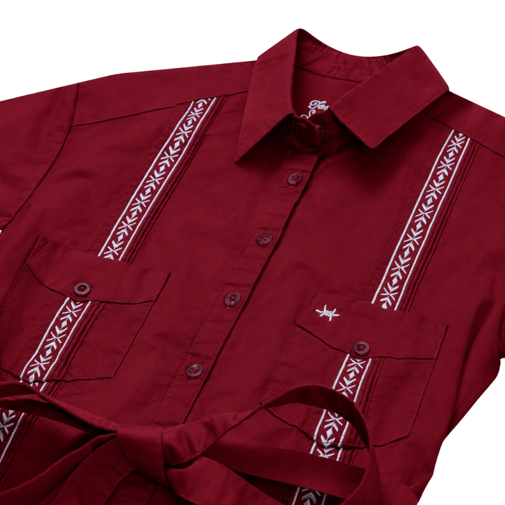 Tejas Guayabera Dress - Maroon