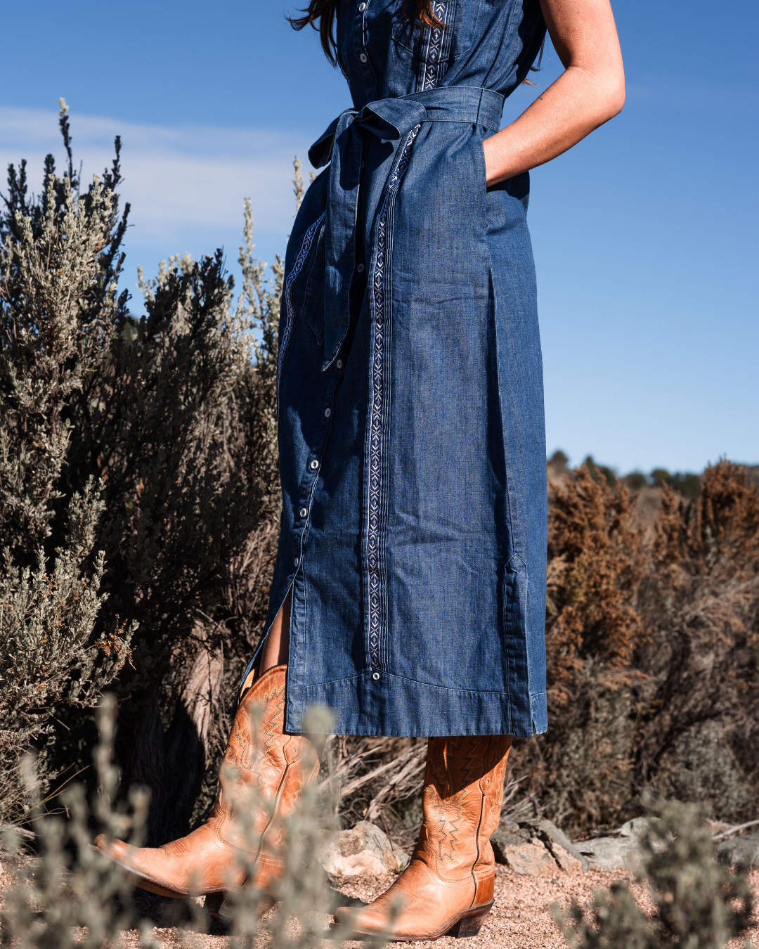 Tejas Guayabera Dress Midi Length - Chambray
