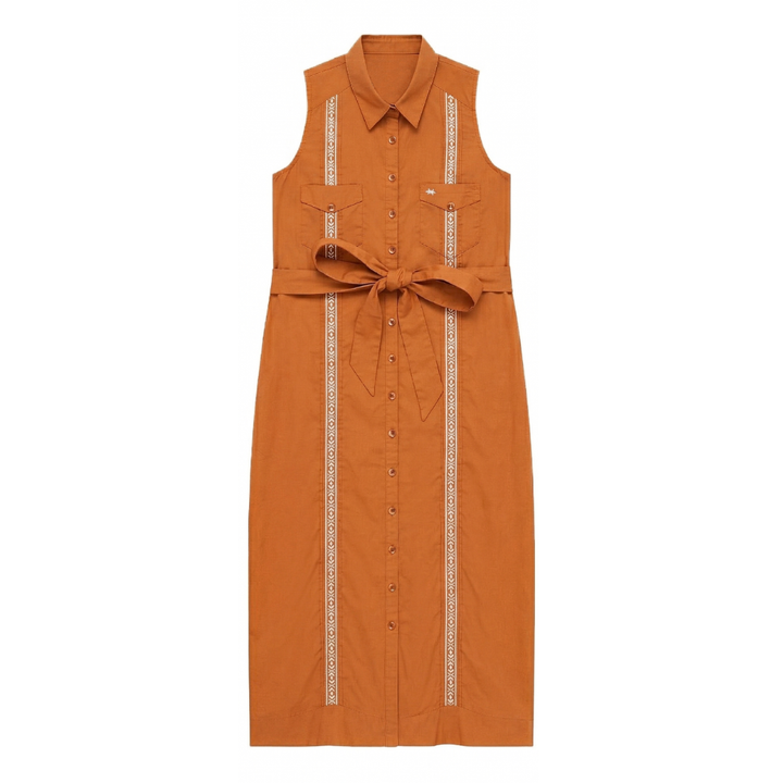 Tejas Guayabera Dress Midi Length - Burnt Orange