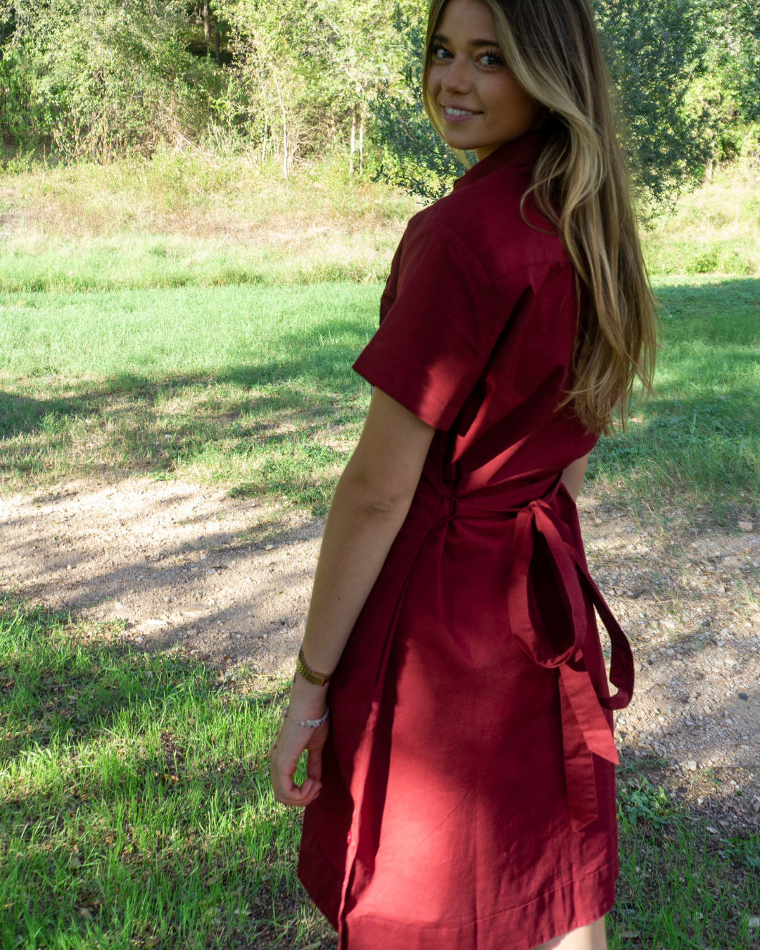 Tejas Guayabera Dress - Maroon