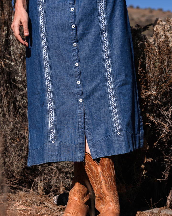 Tejas Guayabera Dress Midi Length - Chambray