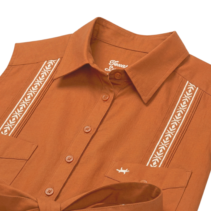 Tejas Guayabera Dress Midi Length - Burnt Orange