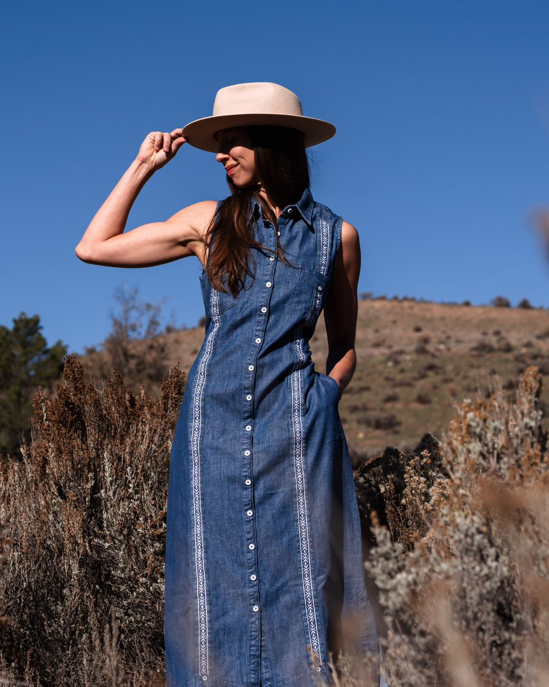 Tejas Guayabera Dress Midi Length - Chambray